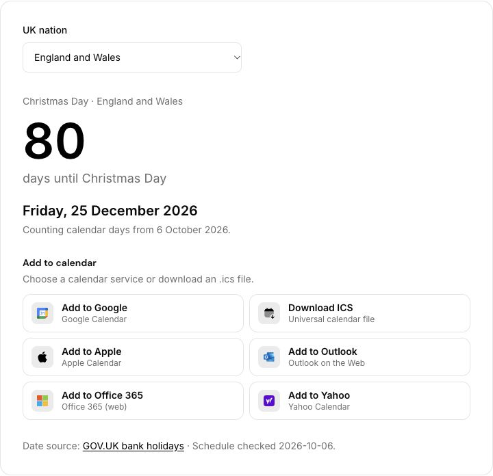 UK bank holiday calculator showing Christmas Day, a countdown, and calendar export buttons.